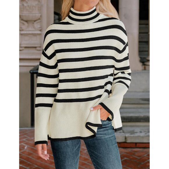 Women's Winter Turtleneck Sweater Casual Stripe Long Sleeve Pull Over Top - Picture 2 of 8